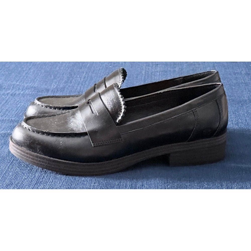 Lucky Brand Black Leather Preppy Penny Loafers 8.5M Scalloped Trim Dark Academia - Picture 5 of 9